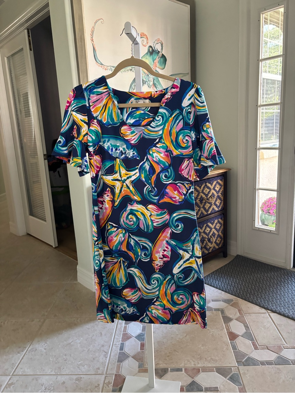 #070 Aryeh Navy Multicolor Seashell Print Short Sleeve Dress